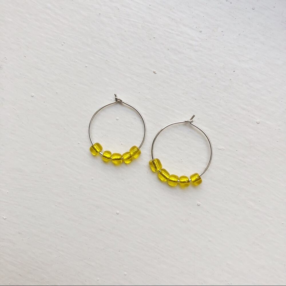 Yellow handmade beaded silver hoop earrings 20mm